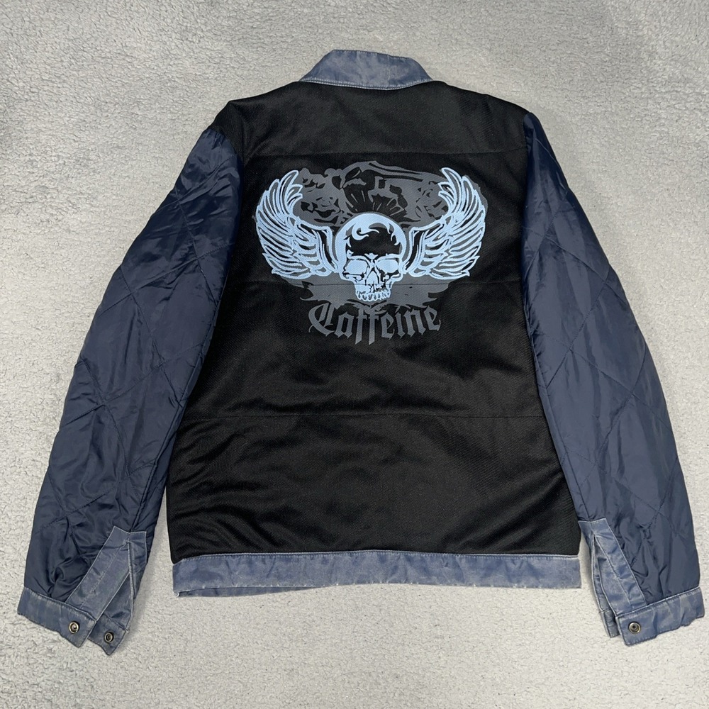 VTG Caffeine Biker Reversible Bomber Jacket Men Sz S Blue Distressed Full Zip
